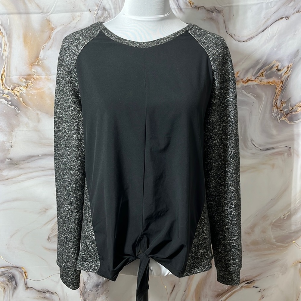 Fabletics Long Sleeve Sweatshirt  Multi Texture Tie Front  Black & Gray SZ M